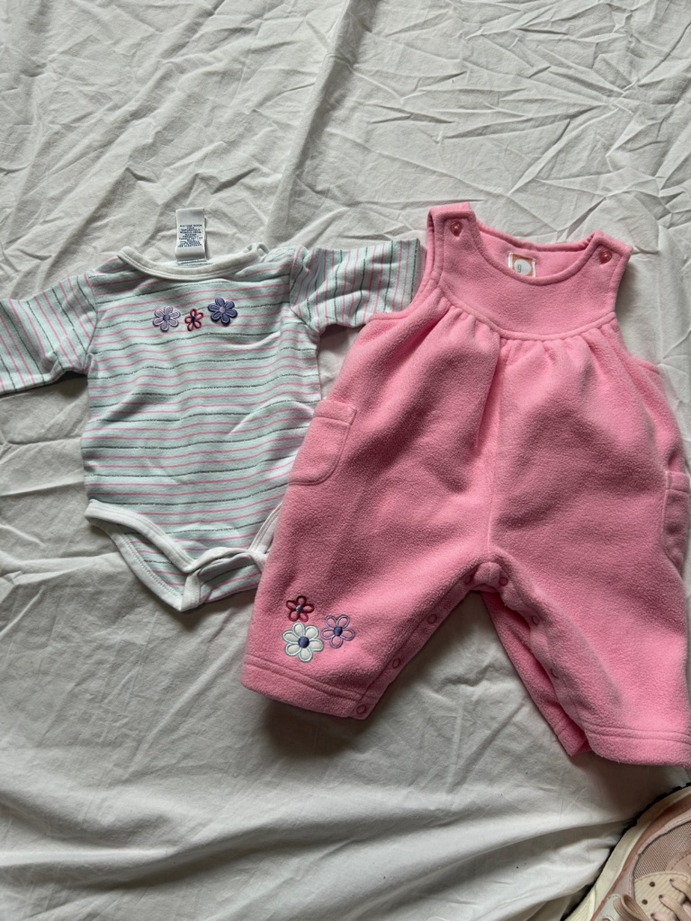 Infant 0-3 months, Pink Fleece Baby Romper with Embroidery & Striped Bodysuit